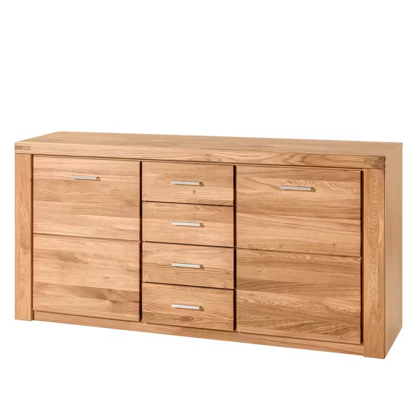 A rectangular, long, and low wooden storage unit, identifiable as a sideboard or credenza. It is constructed from light-colored solid oak wood, exhibiting prominent natural grain patterns across all surfaces. The front facade features nine individual drawers, arranged in a grid of three columns and three rows. Each drawer is equipped with a slender, horizontal silver-toned metal pull handle, contributing to its modern aesthetic. The piece rests on a recessed plinth base. — 3D model