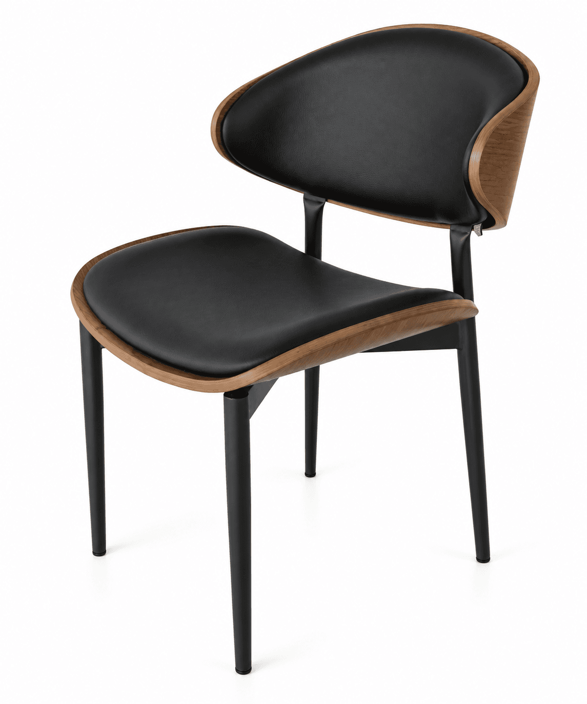 A contemporary dining chair featuring a gracefully curved bentwood shell that forms the frame for both the backrest and seat. The chair is upholstered with black faux leather on the seat and the inner side of the backrest. The outer shell displays a warm, visible wood grain. It stands on four slender, tapered black metal legs. — 3D model