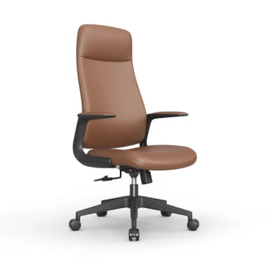 A modern high-back office chair with brown upholstered seating and a black plastic five-star wheeled base. It features fixed, padded armrests and a visible lever for height adjustment. — 3D model