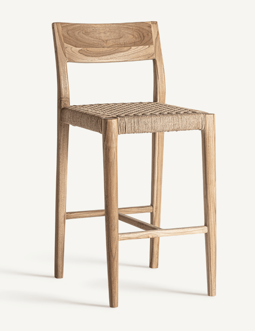 A wooden bar stool with a woven seat and a backrest. The stool has four legs connected by horizontal supports. The wood grain is visible on the frame and backrest. — 3D model