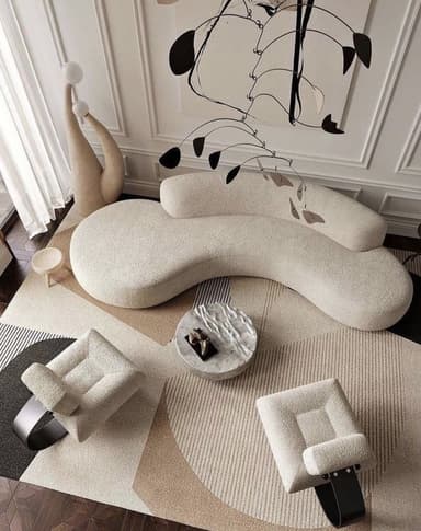A modern, light-colored sofa featuring a distinctive S-curve or wave-like silhouette. It is upholstered in a textured bouclé fabric and presents a seamless design with integrated backrest and armrests, appearing legless with a low-profile base. — 3D model