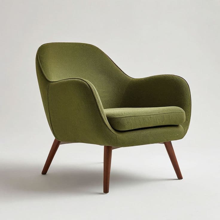 A Mid-Century Modern style armchair, upholstered in a textured olive green fabric, featuring a contoured backrest and integrated arms that flow into the seat. It has a separate, removable seat cushion and stands on four slender, angled wooden legs. — 3D model