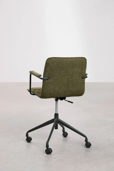 A modern office chair with a fabric-upholstered seat and backrest, supported by a black metal five-star base with casters. The chair features black metal armrests and a central gas lift mechanism for height adjustment. — 3D model