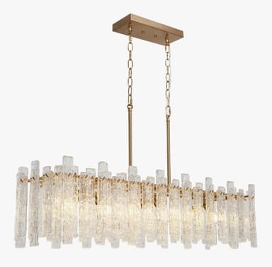 A rectangular chandelier featuring a brass-tone metal frame adorned with numerous vertical, rough-cut, textured clear glass panels. It is suspended by two chains connected to a rectangular ceiling canopy, providing overhead illumination. — 3D model