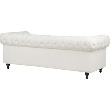 A three-seater chesterfield sofa with tufted upholstery and rolled arms. The sofa is upholstered in a white material and features dark wooden legs. The seat cushions are separate from the main body of the sofa, and the back and armrests are characterized by deep button tufting. — 3D model