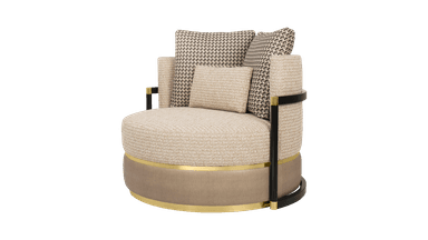A contemporary round upholstered lounge chair featuring a deep, comfortable seat and multiple back cushions. The chair is distinguished by its light beige textured fabric, contrasting dark base, and prominent black frame elements with polished brass accents. It is designed for luxurious lounging. — 3D model