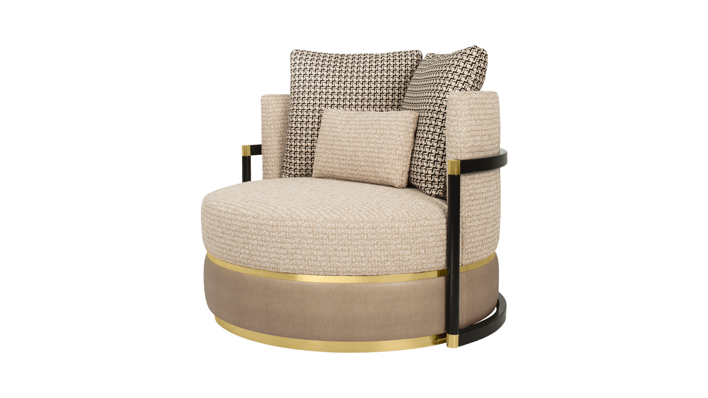 A contemporary round upholstered lounge chair featuring a deep, comfortable seat and multiple back cushions. The chair is distinguished by its light beige textured fabric, contrasting dark base, and prominent black frame elements with polished brass accents. It is designed for luxurious lounging. — 3D model