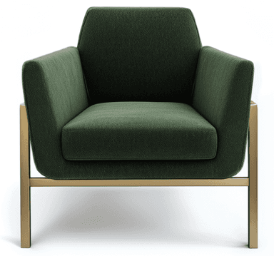 A contemporary armchair with dark green fabric upholstery and a polished gold-finished metal frame. The chair features a clean, geometric silhouette with padded armrests and a plush seat cushion. The exposed metal frame provides a minimalist and modern aesthetic. — 3D model