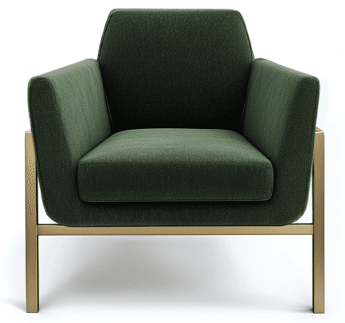 A contemporary armchair with dark green fabric upholstery and a polished gold-finished metal frame. The chair features a clean, geometric silhouette with padded armrests and a plush seat cushion. The exposed metal frame provides a minimalist and modern aesthetic. — 3D model