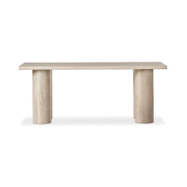 A console table with a thick, rectangular top and two cylindrical legs. The legs appear to be positioned towards the ends of the table and are integral to the overall structure. The finish is a light, natural wood tone. — 3D model