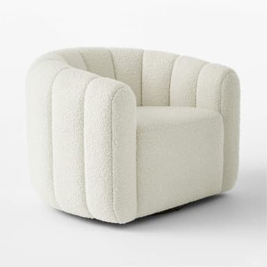 A cream-colored, rounded ottoman with vertical channel tufting across its exterior. The upholstery has a textured, boucle-like finish. The base appears to be dark and low-profile, supporting the cylindrical body of the ottoman. — 3D model