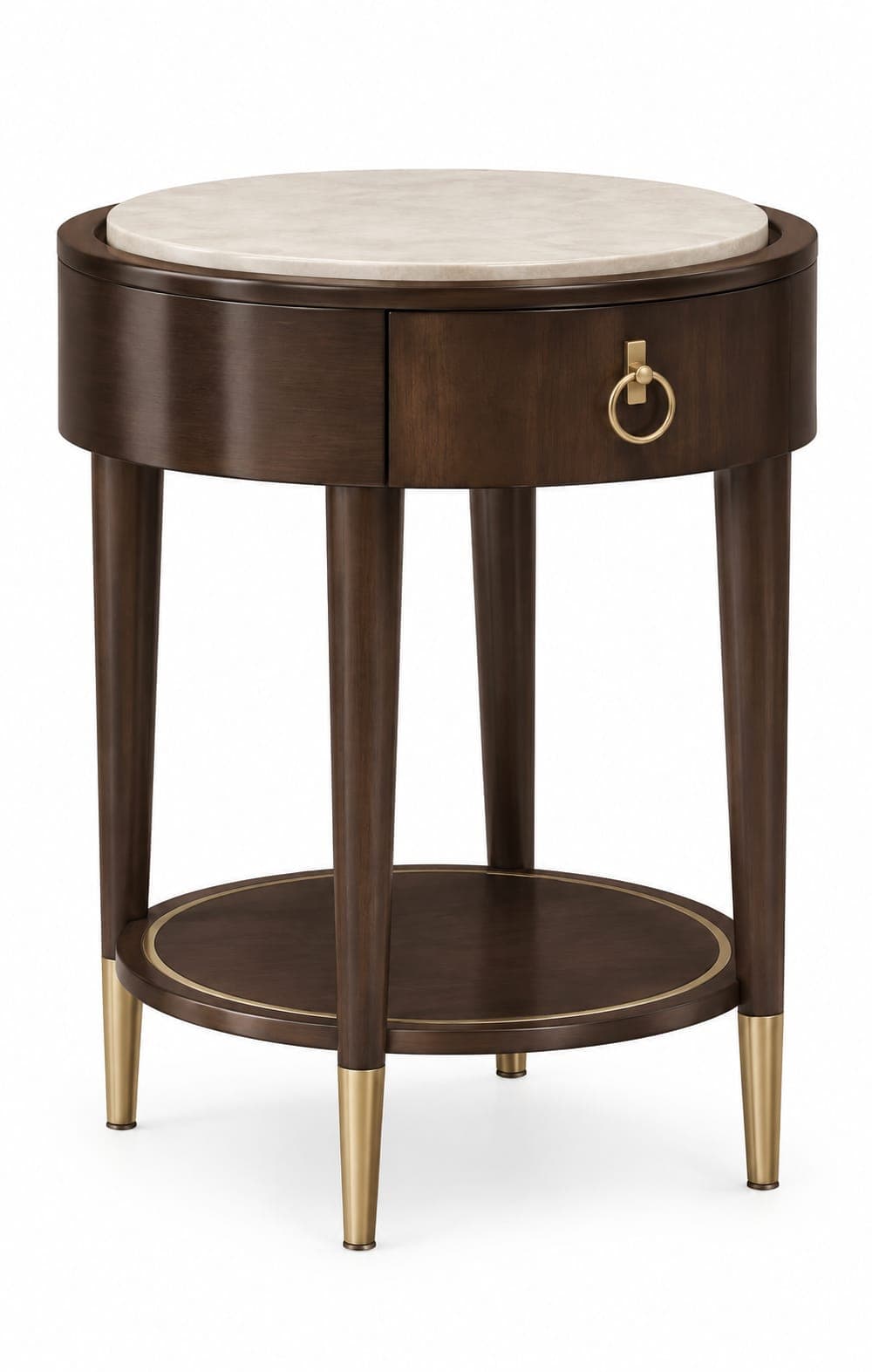 A round side table featuring a dark wood finish, a white marble top, a single drawer with a brass pull, and tapered legs with brass ferrules, complemented by a lower circular shelf with a brass inlay. — 3D model