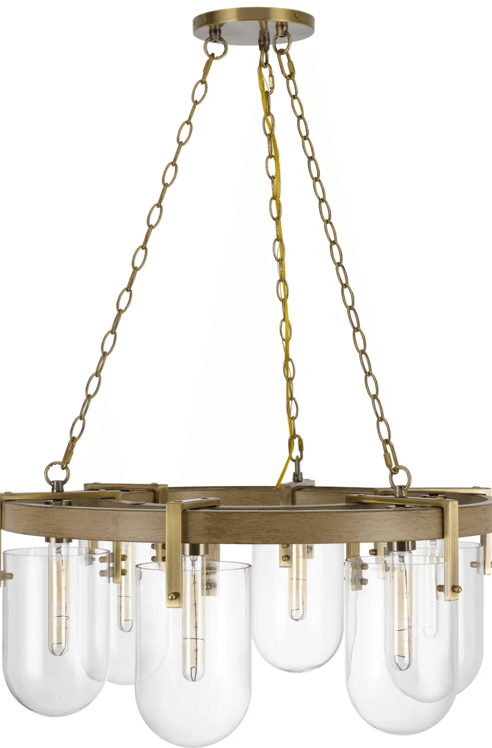 A hexagonal chandelier featuring a wooden frame with brass accents, suspended by chains. It has six clear glass bell-shaped shades, each housing a filament bulb. — 3D model