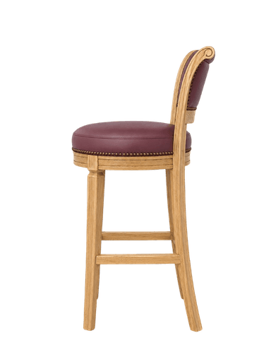 A traditional bar stool featuring a light-toned wooden frame and rich maroon leather upholstery. The seat and backrest are adorned with decorative brass nailhead trim. The backrest has a distinctive scrolled top detail, and the legs are carved with subtle fluting, connected by a square footrest. — 3D model