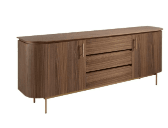 A modern dark walnut wood sideboard featuring two end cabinets with rounded corners, three central drawers, and supported by slim brass-tone metal legs. — 3D model