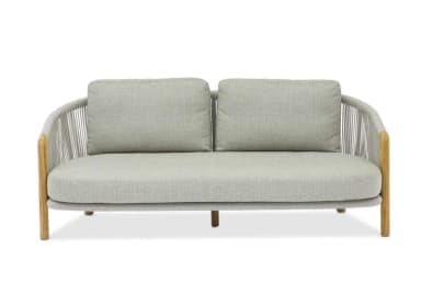 A two-seater sofa with a rounded back and arms, featuring a wooden frame on the sides and legs, and a seat and backrest upholstered in a light grey textured fabric. The back of the sofa is detailed with woven ropes or cords. — 3D model