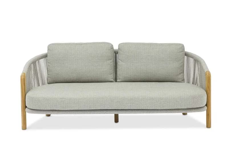 A two-seater sofa with a rounded back and arms, featuring a wooden frame on the sides and legs, and a seat and backrest upholstered in a light grey textured fabric. The back of the sofa is detailed with woven ropes or cords. — 3D model