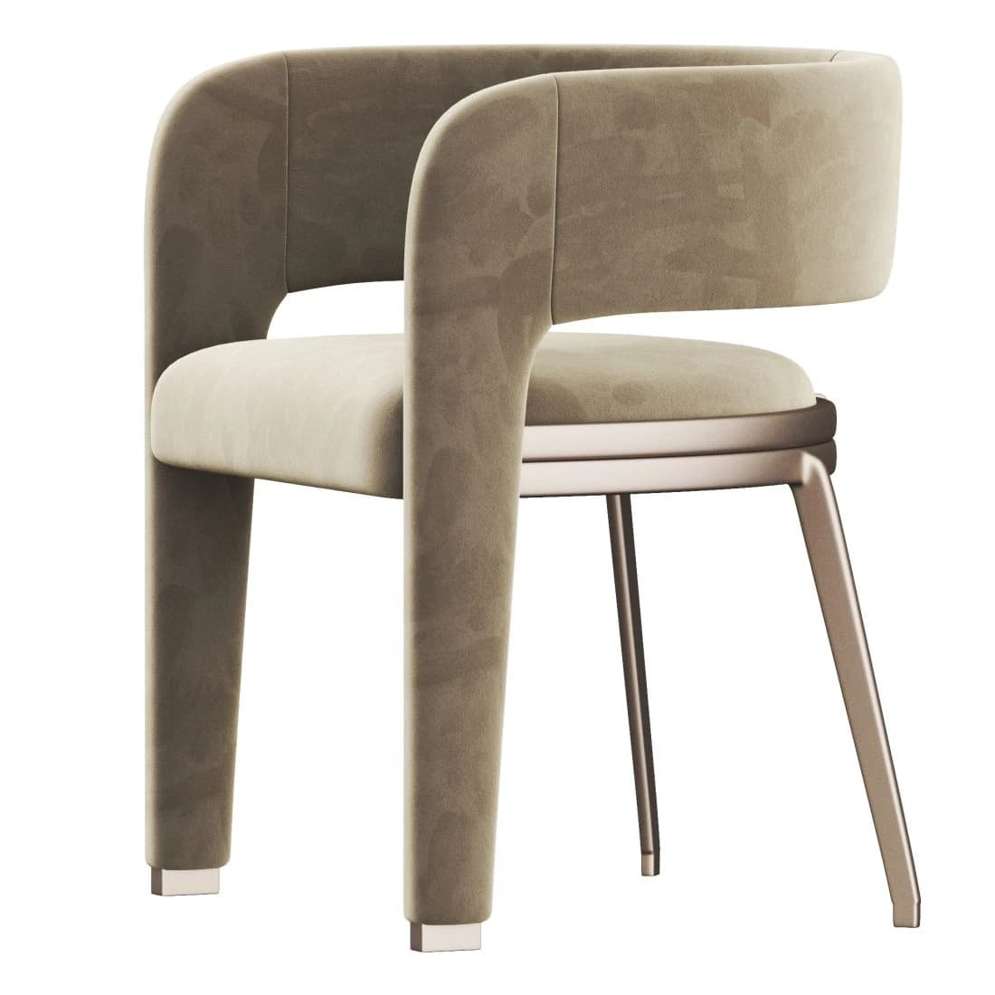 A modern armchair with a continuous barrel-back design, upholstered in plush velvet, featuring integrated upholstered front legs and exposed metallic rear legs. — 3D model
