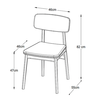 A contemporary dining chair crafted from warm-toned wood, featuring a padded upholstered seat and a slightly curved, solid wood backrest. The chair is supported by four tapered, round legs. — 3D model