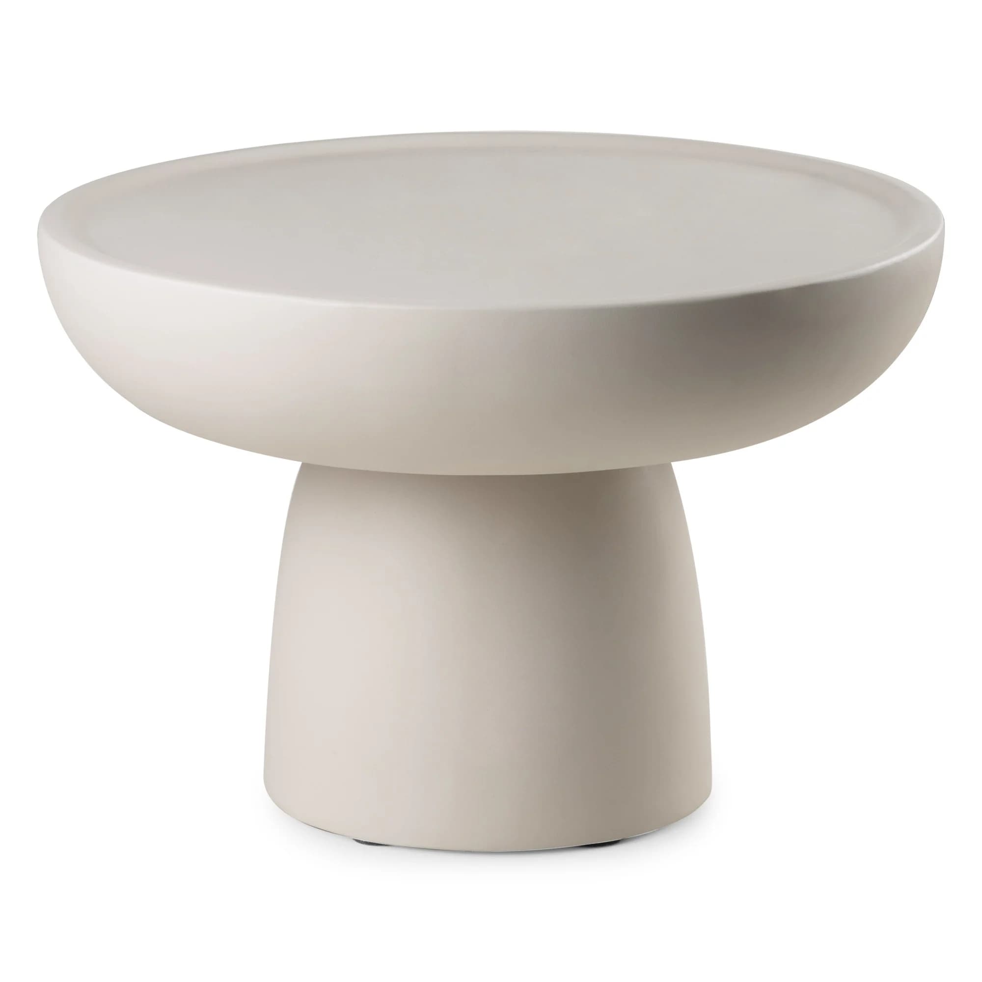 A contemporary pedestal accent table featuring a monolithic form made from a light-colored, matte material resembling concrete or stone composite. It has a round top with a slightly recessed surface and a stout, cylindrical base that tapers slightly towards the top. — 3D model