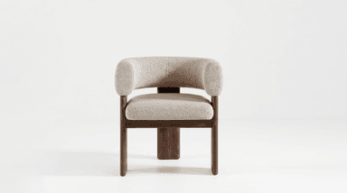 A modern upholstered armchair featuring a continuous, rounded backrest and armrests, supported by a dark wood frame with sturdy, rectangular legs. — 3D model