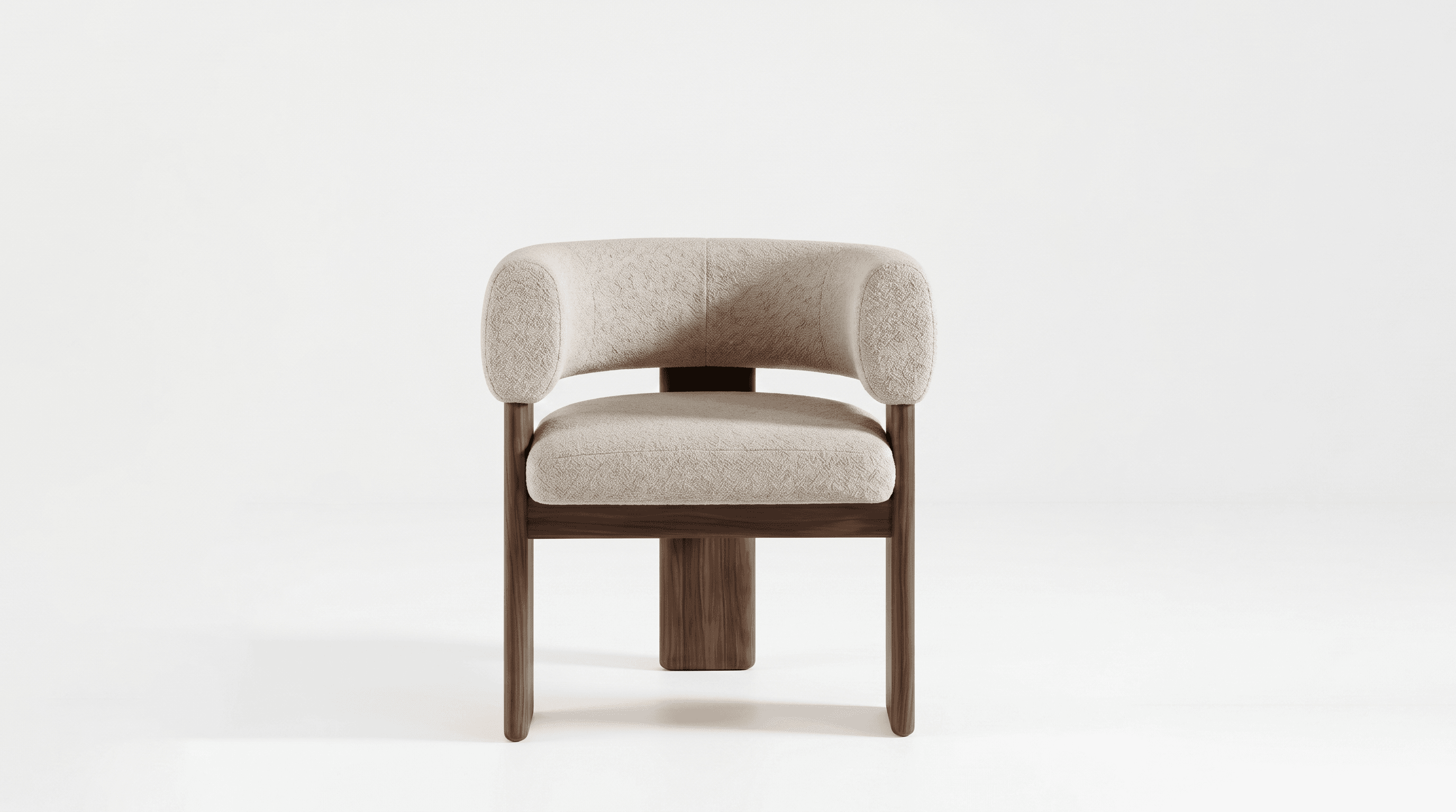 A modern upholstered armchair featuring a continuous, rounded backrest and armrests, supported by a dark wood frame with sturdy, rectangular legs. — 3D model