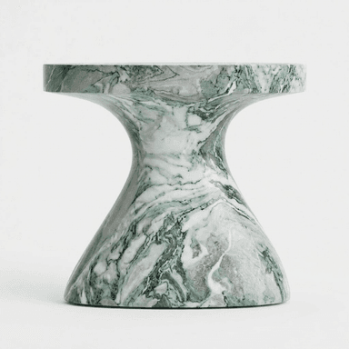 A side table with a distinct hourglass or spool-like silhouette. The tabletop is circular and flat, transitioning into a narrow, curved midsection that widens towards a stable, flared base. The entire piece is constructed from marble featuring a striking veined pattern of green and white, with some grey undertones. Its form is sculptural and modern. — 3D model
