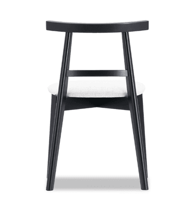 A modern chair with a black wooden frame and a white upholstered seat. The chair features a curved backrest supported by two vertical posts and a horizontal connecting piece. The seat is rectangular and cushioned, covered in a light-colored fabric. The legs are slender and angled outwards, providing stability. — 3D model