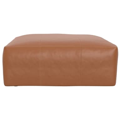 A low-profile, square ottoman upholstered in a rich, saddle brown leather, featuring perimeter stitching. — 3D model