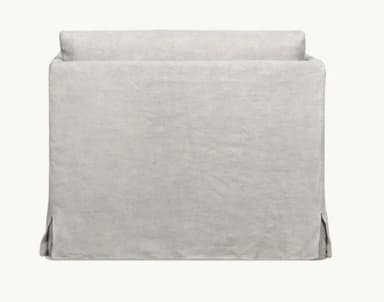 A light grey or off-white slipcovered sofa, viewed from the back, featuring a full skirted base with corner pleats and a separate back cushion. — 3D model