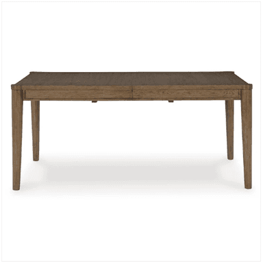 A rectangular dining table crafted from solid wood or wood veneer, featuring a medium brown finish that highlights the natural grain. It stands on four outwardly splayed, tapered legs, supporting a substantial tabletop with subtly rounded corners and a minimalist apron. — 3D model