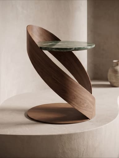 A contemporary accent table featuring a sculptural, spiraling walnut wood base and a round, polished dark green marble tabletop. The base forms a continuous ribbon-like structure, emanating from a flat circular base and elegantly curving upwards to support the marble top. — 3D model