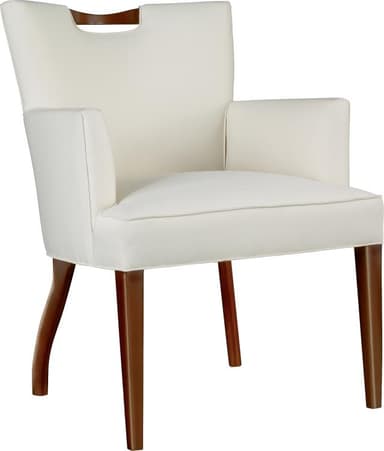 A fully upholstered, cream-colored armchair featuring a high backrest with a distinctive cut-out handle. The chair is supported by four tapered wooden legs. — 3D model