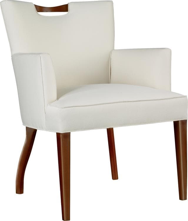 A fully upholstered, cream-colored armchair featuring a high backrest with a distinctive cut-out handle. The chair is supported by four tapered wooden legs. — 3D model