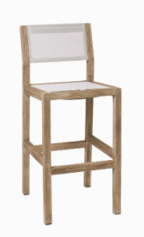 A modern bar stool with a wooden frame and a white fabric seat and backrest. The frame has a simple, geometric design, and the seat and back are upholstered in a light-colored fabric that appears to be synthetic. The stool features four legs connected by footrests, typical of bar stool construction. — 3D model
