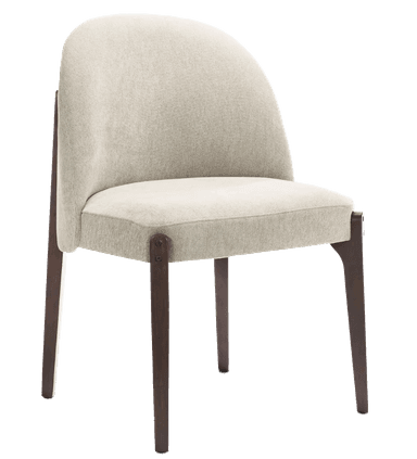 A contemporary upholstered dining chair featuring a curved backrest and seat, supported by a dark wood frame and tapered legs. The chair is covered in a light, textured fabric, likely a linen blend, with exposed dark brown wooden elements forming the back support and legs. — 3D model