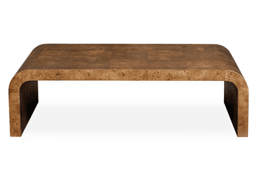 A wooden coffee table with a distinctive burl wood veneer. The table has a rectangular top and a curved, waterfall-style base. The burl wood pattern features prominent knots and grain variations, creating a rich, organic texture. The surface appears to be composed of individual panels. — 3D model