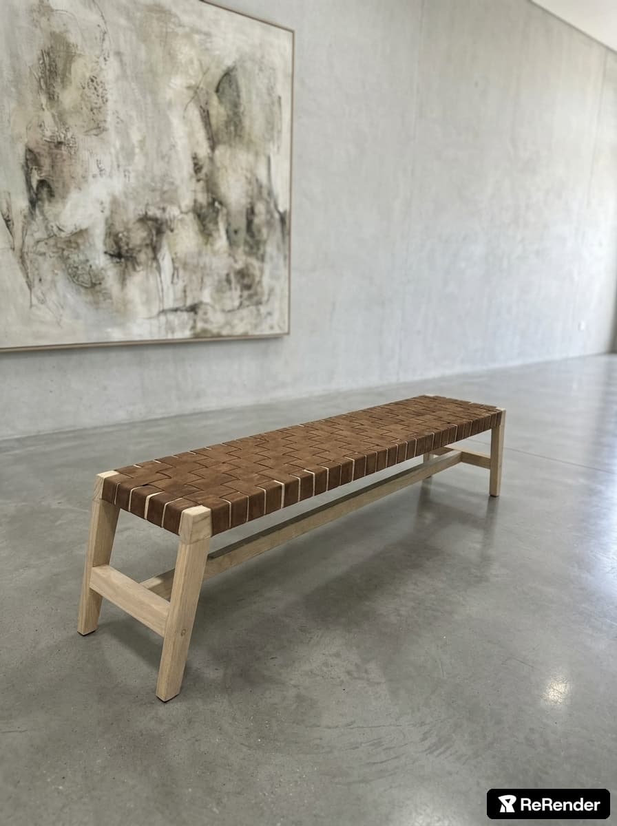 A long, rectangular bench featuring a light-colored wooden frame with a distinct woven leather strap seat in a natural brown hue. The design is minimalist and contemporary, emphasizing clean lines and natural materials. — 3D model