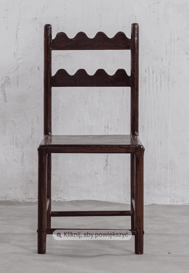 A dark-stained wooden chair featuring a distinctive backrest with two horizontal slats, each carved with a wavy or scalloped edge. It has a simple square wooden seat and straight legs with stretchers. — 3D model