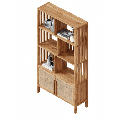 A tall, rectangular bookshelf crafted from light-toned natural wood, featuring multiple open shelving compartments in the upper section and two cabinet doors with woven cane webbing in the lower section. The upper section includes slatted vertical elements along the sides and some internal dividers, creating an airy display space. The lower cabinets have simple, rectangular fronts with the cane infill, resting on a recessed plinth-like base or integrated short legs. — 3D model