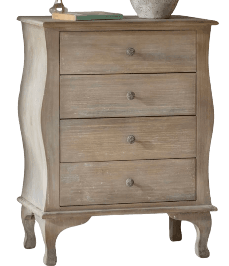 A light-colored, distressed wood chest of drawers featuring a bombe-style silhouette with curved sides. It has four graduated drawers, each fitted with a single ornate knob. The chest stands on four cabriole legs, connected by a scalloped apron. The finish is a washed or limed wood, highlighting the grain and giving it an antique, weathered appearance. — 3D model