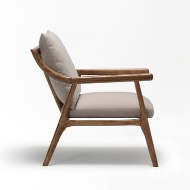 A modern lounge chair featuring a sturdy oak wood frame with gently curved armrests and tapered legs. The seat and backrest are fitted with thick, removable cushions upholstered in a light beige or grey fabric, providing a comfortable and inviting aesthetic. The design emphasizes clean lines and organic shapes. — 3D model