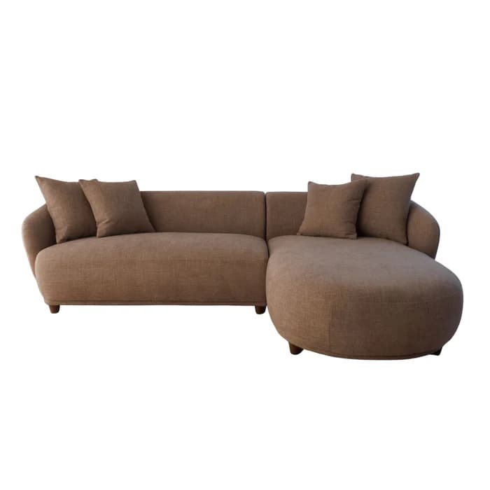 A modern L-shaped sectional sofa with soft, rounded forms, upholstered in a brown-beige textured fabric, featuring an integrated chaise lounge and minimalist wooden legs. — 3D model