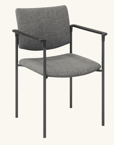 A contemporary armchair featuring a grey upholstered seat and backrest, supported by a minimalist dark grey metal frame with integrated armrests. — 3D model