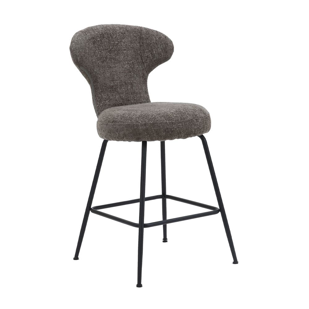 A bar stool with a curved, upholstered backrest and seat. It features a slim, dark metal frame with four legs connected by a square footrest. The upholstery has a textured, speckled appearance. — 3D model