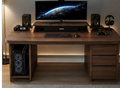 A modern computer desk in a dark wood-look laminate finish, featuring an integrated monitor riser with contrasting lighter wood supports, a dedicated open compartment for a CPU tower, and a three-drawer storage unit. The desk has rounded edges for a sleek appearance and enhanced safety. — 3D model