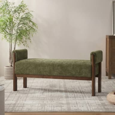 An upholstered bench featuring a dark wooden frame and a rectangular seat with integrated padded armrests at both ends. The upholstery is a textured olive-green fabric. — 3D model
