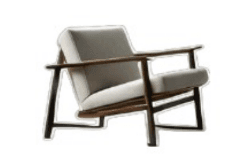 A minimalist lounge chair featuring a dark stained wooden frame and light-colored upholstered cushions. The design incorporates an exposed structural frame with clean lines, subtly angled for comfort. The armrests are flat and integrated into the frame, providing a sleek profile. The seat and back cushions appear plush and are upholstered in a light grey or beige fabric. — 3D model