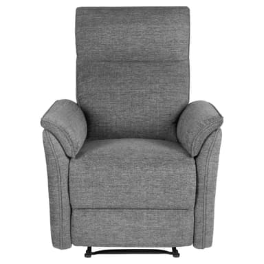 A modern grey fabric recliner chair, shown from the rear three-quarter view, featuring a high back with an articulated headrest and integrated armrests, designed for comfort and relaxation. — 3D model
