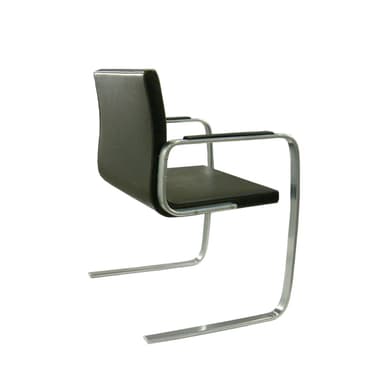 A cantilever armchair with a dark brown leather seat and backrest, supported by a tubular chrome-plated steel frame. The frame features a continuous curve for the legs and arms, creating a minimalist and modern aesthetic. — 3D model